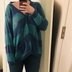 Blue&Seafoam Oversized Distressed/Striped Sweater